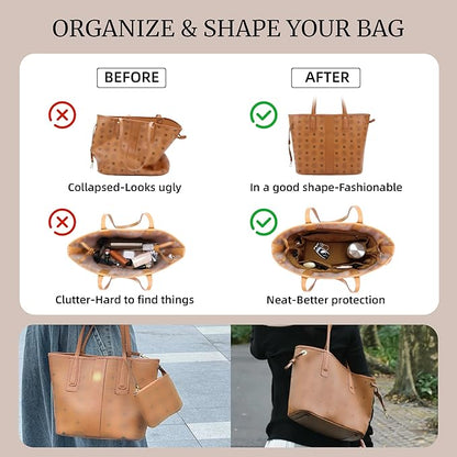 Purse Organizer Insert, Satin Tote Bag Organizer with 8 Sizes, Handbag Dividers for Inside Purse, Compatible with Longchamp, Neverful, 25C Hobo and More Bags(Mini,Brown)