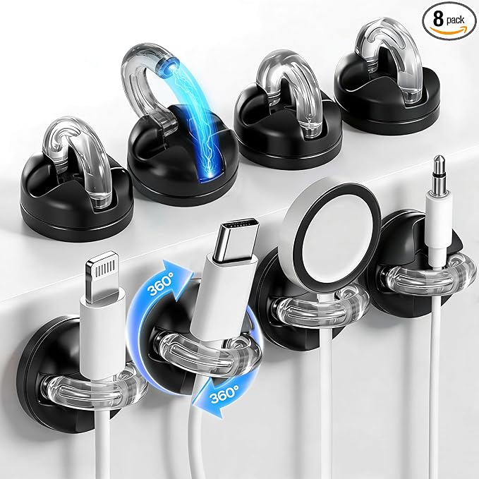 8 Pack 360° Rotatable Magnetic Cable Clips, Adhesive Cord Holder Organizer, Under Desk Cable Management, Wire Keeper for Home Office Car Wall Desktop Nightstand(Black)