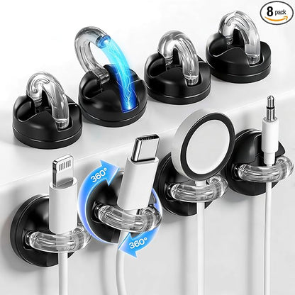 8 Pack 360° Rotatable Magnetic Cable Clips, Adhesive Cord Holder Organizer, Under Desk Cable Management, Wire Keeper for Home Office Car Wall Desktop Nightstand(Black)