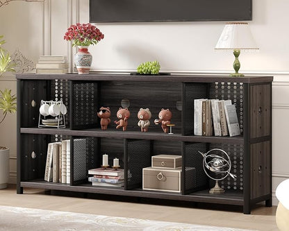 LVB Industrial Horizontal Bookcase, Rustic Wood 4 5 6 7 8 Cube Bookshelf, Modern Wide Long Low Book Shelf, Vintage Large Open Cube Storage Organizer for Office Bedroom Living Room, Dark Gray Oak 63 In