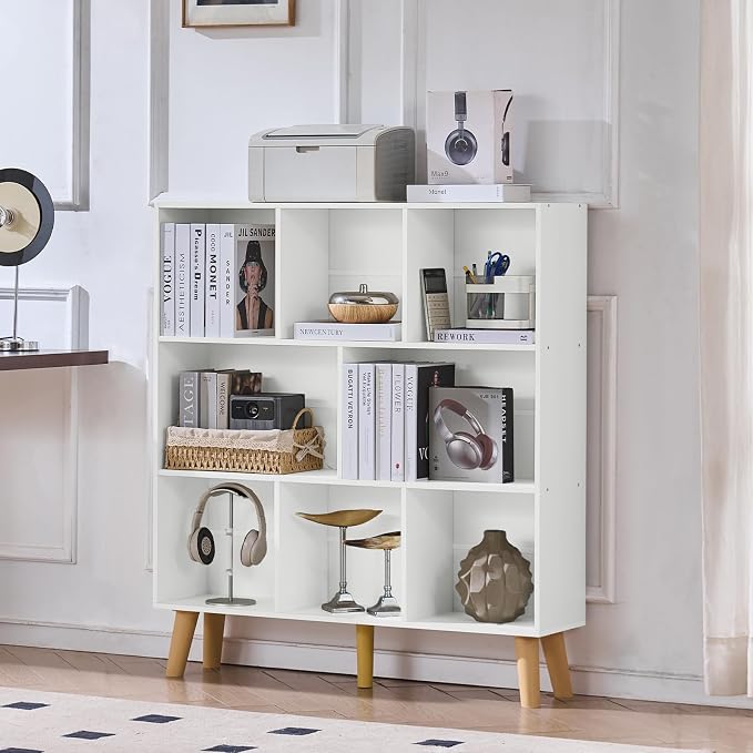 LEYAOYAO 8 Cube Bookshelf,3 Tier Bookcase with Legs,White Mid-Century Modern Bookshelves,Large Open Storage Organizer Shelf, Wooden Book Case