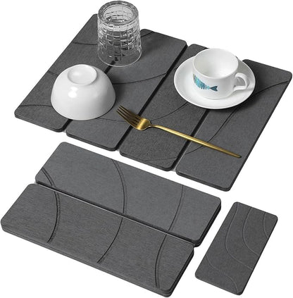 Small Stone Dish Drying Mat for Kitchen Counter, 2 PCS 16"×12" & 8"x4" Quick Dry Stone Mats, Foldable Water Absorbing Diatomite Drying Dish Pad for Countertop Bottles Utensils Cups(Carved Gray)