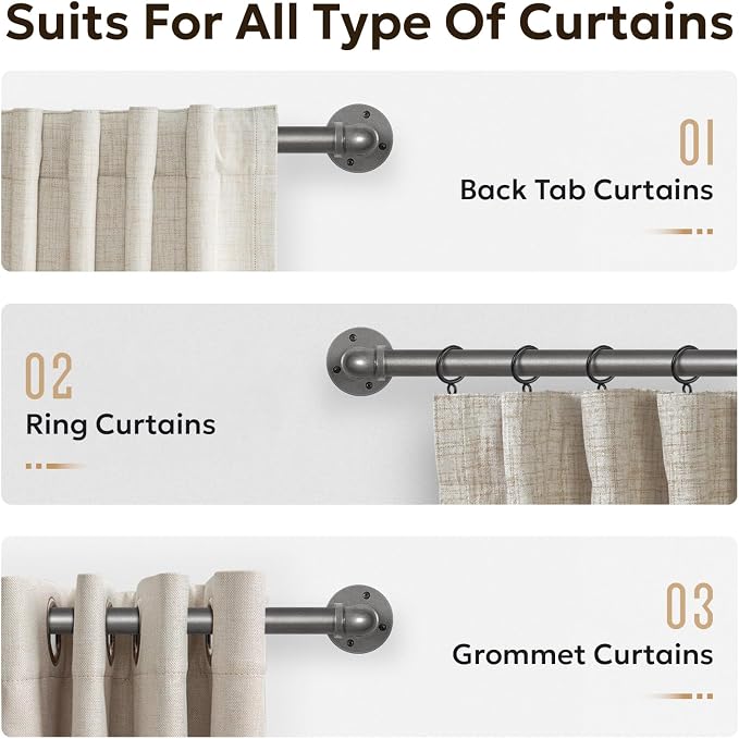 Zeerobee Curtain Rods for Windows 120 to 240, 1 Inch Industrial Wrap Around Grey Curtain Rod, Indoor/Outdoor Room Divider Adjustable Drapery Pole, 120"-240"