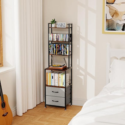 DVD Storage, Mutli 7-Tier DVD Storage Rack and Shelving, DVD Dispaly Shelf, CD Rack Tower for DVDs CDs Book Organizer with Drawers, Media Shelf, Manga Bookshelf for Gaming Media Moive Room
