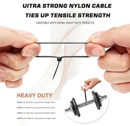Zip Ties Assorted Sizes(4”+6”+8”+12”), 2000 Pack,Black Cable Ties,Multi-Purpose Self-Locking Nylon Cable Cord Management,Plastic Wire Ties for indoor and outdoor use.