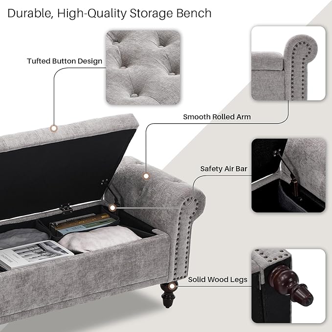 Storage Bench for Bedroom, 67" End of Bed Bench King Size, Upholstered Chenille Storage Ottoman with Tufted Cushioned Rolled Arm Large Storage Space for Living Room Entryway, Light Grey