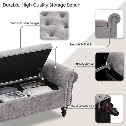 Storage Bench for Bedroom, 67" End of Bed Bench King Size, Upholstered Chenille Storage Ottoman with Tufted Cushioned Rolled Arm Large Storage Space for Living Room Entryway, Light Grey