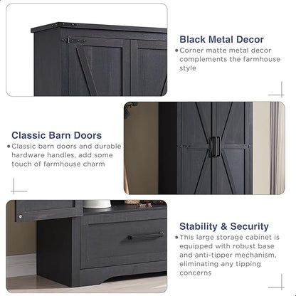 Farmhouse Kitchen Pantry Cabinet - 72" Tall Large Wood Kitchen Storage Cabinets with Adjustable Shelves & 2 Barn Doors & Drawer, Versatile Storage for Dining Room, Bathroom, Living Room, Antique Black | Large, Adjustable Shelves, 2 Barn Doors, Drawer, ...