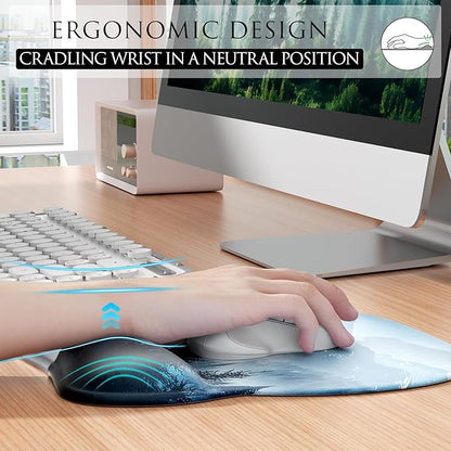 MROCO Ergonomic Mouse Pad with Gel Wrist Rest, 9.4 x 8.1 in, Cloud Forest | Ergonomic Shape Design, Multiple Pattern Options, Gel Wrist Comfort, Smooth Lycra Surface, Non-Slip PU Base
