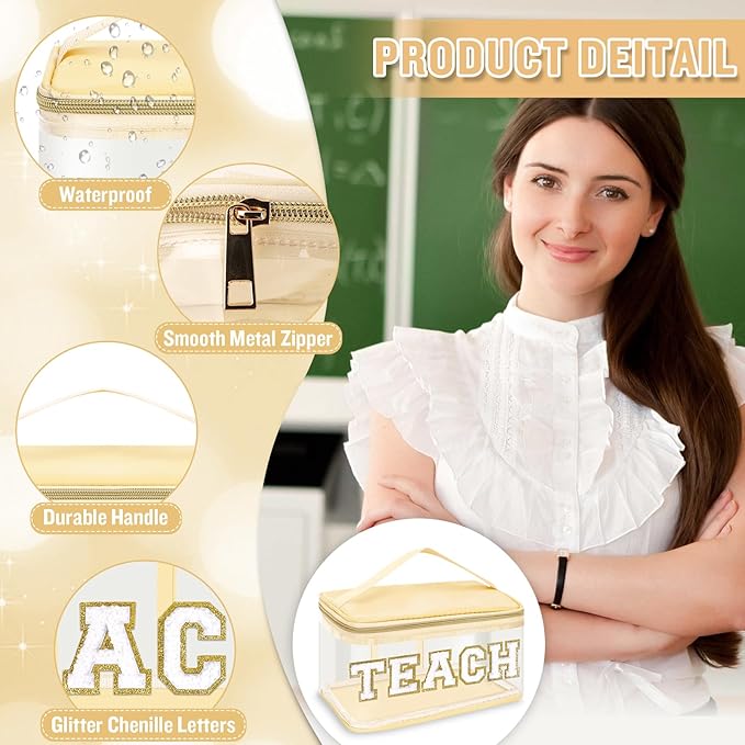 Teacher Appreciation Gifts Chenille Letter Clear Makeup Bag TEACH Pouch, Preppy Patch Makeup Bag Zipper with Handle Nylon Travel Cosmetic Bag Graduation Retirement Teacher Gifts for Women(TEACH-Beige)