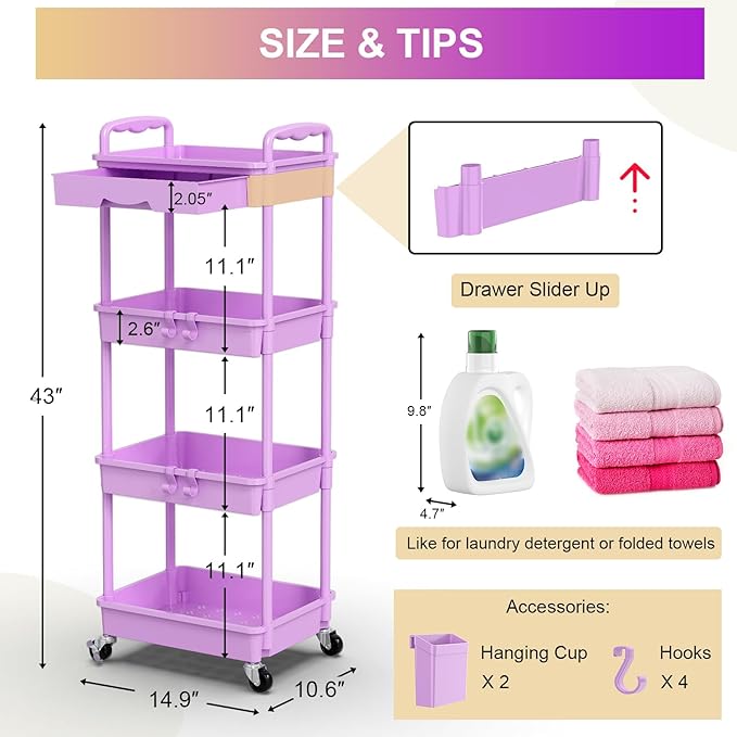 Goovilla Kitchen Cart with Drawers, 4 Tier Rolling Utility Cart Organizer on Lockable Wheels, Purple Fruit Vegetable Storage Rack Also for Cans, Snack, Craft, Art, Office, Beauty