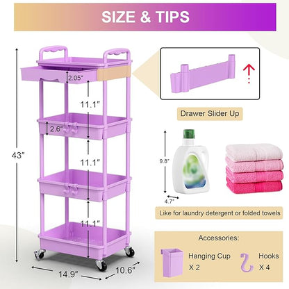 Goovilla Kitchen Cart with Drawers, 4 Tier Rolling Utility Cart Organizer on Lockable Wheels, Purple Fruit Vegetable Storage Rack Also for Cans, Snack, Craft, Art, Office, Beauty