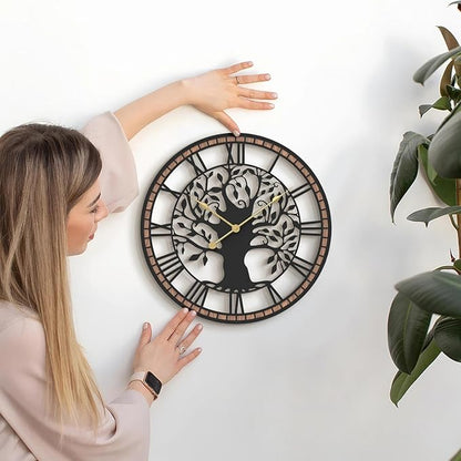 Micasso Non-Ticking Large Wall Clock: 15Inch Tree of Life Metal Black with Solid Wood Frame - Battery Operated Silent Clock for Living Room/Office/Bedroom/Kitchen - Home Decor for Teen