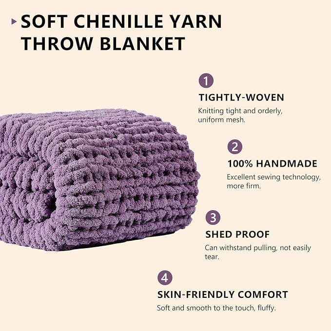 L'AGRATY Chunky Knit Blanket Throw: 50''x60'' Chenille Chunky Knitted Throw Blankets for Bed Couch - Handmade Thick Big Cable Knit Blanket - Large Crochet Rope Blankets for Home Decor(Deep Purple)
