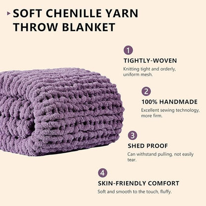 L'AGRATY Chunky Knit Blanket Throw - 60''x80'' Chenille Cable Knit Throw For Bed Couch - Handmade Thick Big Crochet Rope Blanket For Home Decor (Deep Purple)