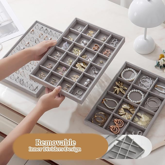 Large Velvet Jewelry Tray 2 Pack Stackable Jewelry Display Drawer Inserts Trays Organizer for Earring Bracelet Necklace Ring (Gray, 24 Grids)