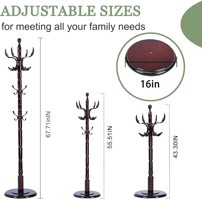 Coat Rack Freestanding,Solid Wooden Coat Rack Stand with 3 Height Options,14 Hooks, Natural Birch Coat Tree Easy to assemble for Clothes Jacket Hat bag Entryway (mahogany) (Fenghuang Gou)