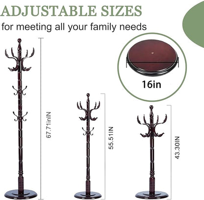 Coat Rack Freestanding,Solid Wooden Coat Rack Stand with 3 Height Options,14 Hooks, Natural Birch Coat Tree Easy to assemble for Clothes Jacket Hat bag Entryway (mahogany) (Fenghuang Gou)
