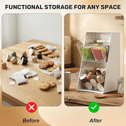 2 Pack Large Coffee Pod Holder, Coffee Station Counter Container Stackable Pantry Storage Organizer Bins, Creamer Suger Plastic Accessories Organizer for Office Home Kitchen Supplies(White)