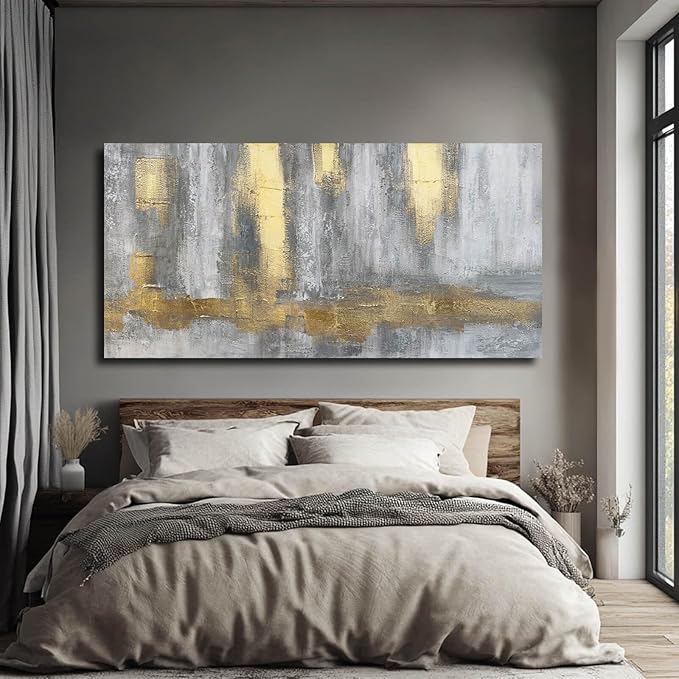 XIANSHOU Gold Wall Decor Hand Drawn Paintings Abstract Canvas Wall Art Large Pictures Grey Poster Arts 29"x58"
