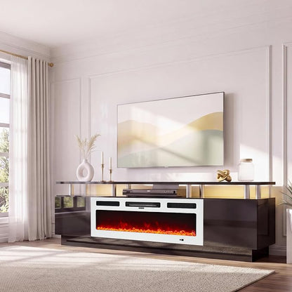 90" TV Stand for Living Room, Large Entertainment Center & Media Console, Fits TVs up to 100", Storage Cabinet with Shelves, 50" Electric Fireplace, Black & White