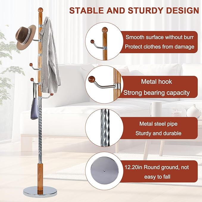 Wooden Coat rack freestanding, Coat racks stand with 6 Hook, Heavy duty coat tree standing Adjustable Heights for Bedroom, Entryway, Hallway, Office, Metal base (Nature)