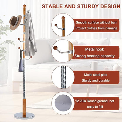 Wooden Coat rack freestanding, Coat racks stand with 6 Hook, Heavy duty coat tree standing Adjustable Heights for Bedroom, Entryway, Hallway, Office, Metal base (Nature)
