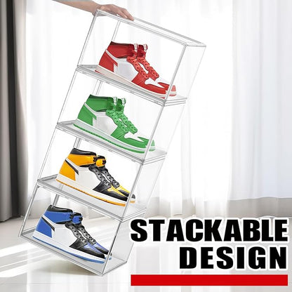 4 Pack Clear Shoe Storage Boxes Stackable Shoes Organizer Acylic Boots Sneaker Display Case with Magnetic Lid,Size14