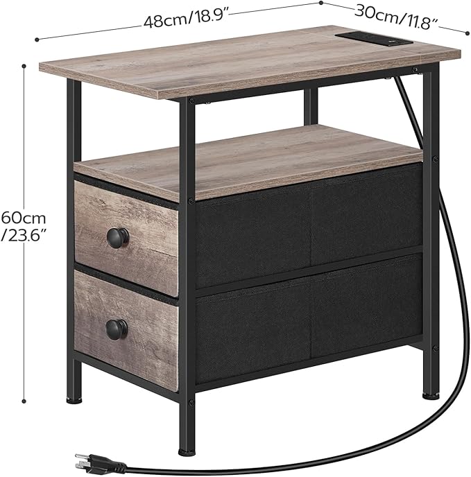 HOOBRO End Table with Charging Station, Narrow Side Table, Nightstand with 2 Non-Woven Drawers, Slim Sofa Side Table, for Small Spaces, Living Room, Bedroom, Greige and Black BG486UBZ01
