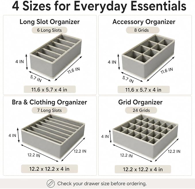 Drawer Organizer Clothes Set, 4 Pack Foldable Dresser Closet Dividers (6/8/7/24-Cell), Non-Woven Underwear & Sock Drawer Organizer, Bra/Tie/Belt Storage Bins (Light Grey)