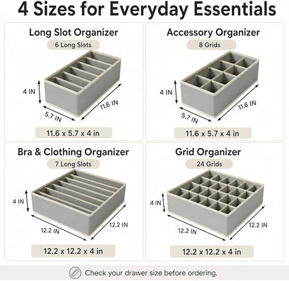 Drawer Organizer Clothes Set, 4 Pack Foldable Dresser Closet Dividers (6/8/7/24-Cell), Non-Woven Underwear & Sock Drawer Organizer, Bra/Tie/Belt Storage Bins (Light Grey)
