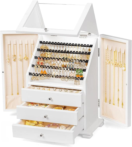 Jewelry Box Organizer, Rustic Wooden Jewelry Boxes for Women Girls, Large Storage Earring Holder Organizer Display for Earrings Necklaces Rings Bracelets (White)