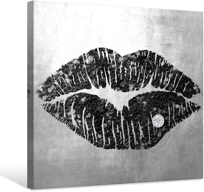 7CANVAS Black and Grey Wall Art Decor Woman Sexy Lips Painting Prints on Canvas Framed Artwork for Home Bedroom Bathroom Salon Decor Framed 12x12Inch