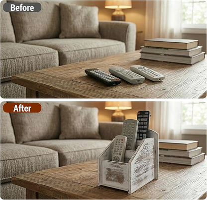 MyGift TV Remote Control Holder, Modern Farmhouse Decor, Whitewashed Wood Media Remote Caddy/Organizer/Storage Box with 3 Compartments, for Living Room, Coffee Table