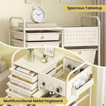 GOFLAME 14-Drawer Rolling Storage Cart with Pegboard, Craft Storage Cart with Lockable Wheels and Metal Frame, Multifunctional Art Cart Supply Storage Organizer for Home Office Classroom, White