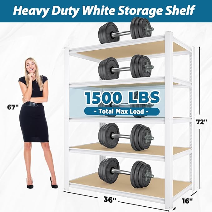 PrimeZone 36" W x 16" D x 72" H Closet Storage Shelves - 5 Tier White Metal Connector Shelving, Adjustable Heavy Duty Garage Shelves, Utility Rack Organizer Shelf for Kitchen Pantry Closet Garage