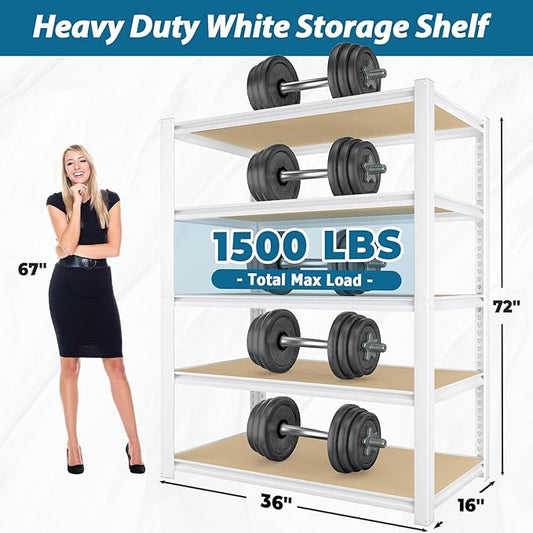 PrimeZone 4 Packs 36" W x 16" D x 72" H Closet Storage Shelves - 5 Tier White Metal Connector Shelving, Adjustable Heavy Duty Garage Shelves, Utility Rack Organizer Shelf for Kitchen Pantry Garage