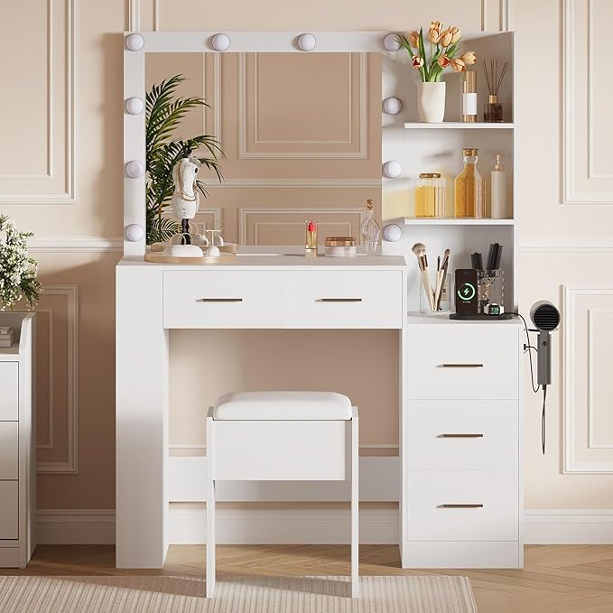 【10-Bulb Mirror | Built-in Outlets】 41'' Large Vanity Desk with Mirror and 3 Color Lighting Modes - Makeup Desk with Stool and 5 Drawers for Bedroom
