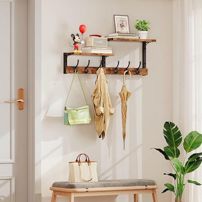 Homeiju 28.7" Coat Rack Wall Mount with Shelf, Key Hooks for Wall with Shelf, Coat Hooks Wall Mounted with 6 Heavy Duty Double Hooks for Bedroom,Living Room, Rustic Brown