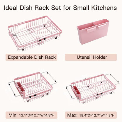 MAJALiS Pink Dish Drying Rack Over The Sink, Expandable Stainless Steel Dish Drainer for Small Kitchen Counter Space Saving, RV Compact Plate Strainer in Metal with Hanging Adjustable Utensil Holder