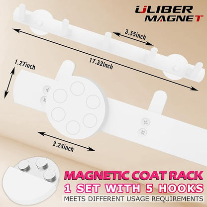 ULIBERMAGNET White Magnetic Coat Rack,Heavy Duty Coat Magnetic Holder with 5 Hooks,Anti-Slip Strong Magnetic Hanger for Refrigerator,Metal Cabinet,Entryway,Hanging Coat, Jackets, Umbrella,Scarf,Bag
