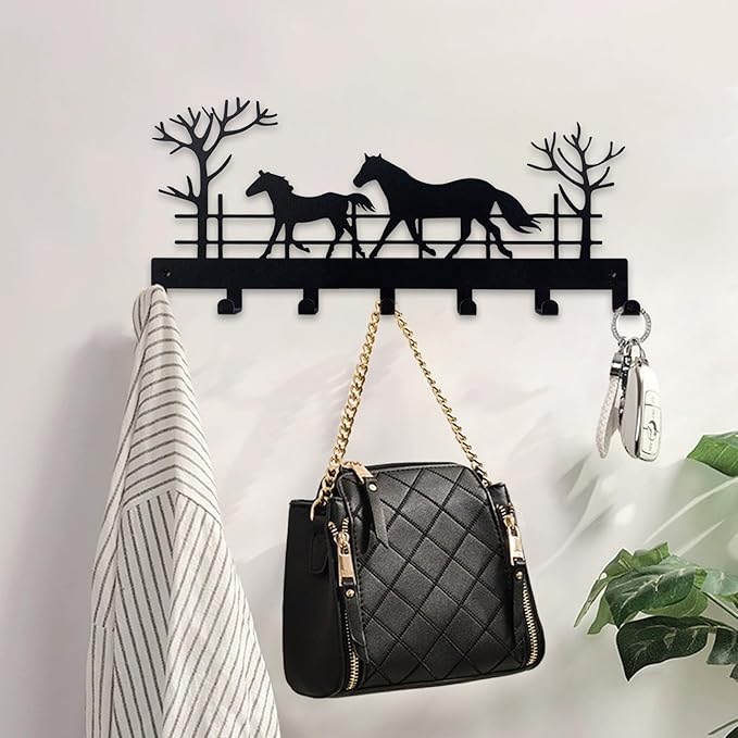 Metal Horse Key Holder for Wall,Metal Key Organizer Wall Decorative with 7 Hooks,Black Wall Mount Key Holder for Entryway,Front Door,Hallway,Office