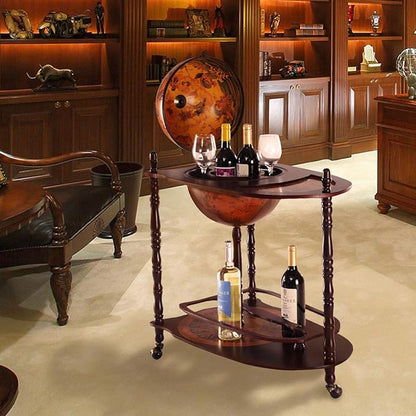 LDAILY Globe Bar, 34.5”Wood Wine Bar Stand with Wheels, Bottom Shelf & Old World Map, 16 Century Italian Replica Globe Bar Liquor Cabinet, Large Capacity Bar Cart for Home, Restaurant, Party