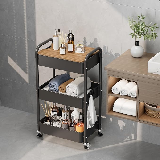 johgee 3 Tier Rolling Cart with Table top, Metal Utility Cart, Sturdy Storage Organizer Cart with Locking Wheels & Hooks for Office, Classroom, Kitchen and Bathroom