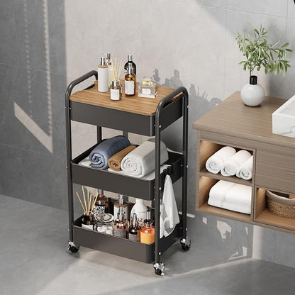 johgee 3 Tier Rolling Cart with Table top, Metal Utility Cart, Sturdy Storage Organizer Cart with Locking Wheels & Hooks for Office, Classroom, Kitchen and Bathroom