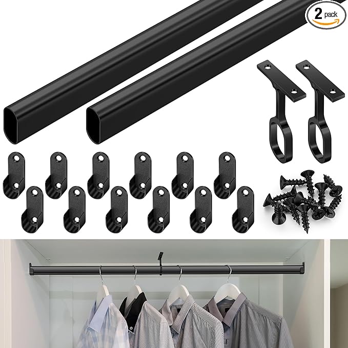 Tandefio Chrome Closet Rod 92 Inch with Oval Closet Rod 6 End Supports for Laundry Room Hanging Clothes Waterproof Shower for Curtains(Black,2 Sets)
