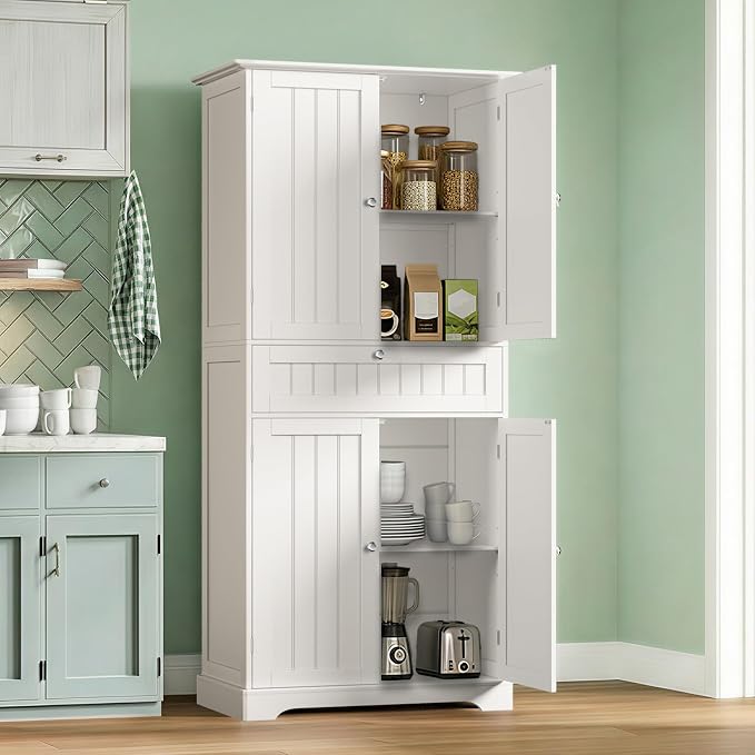 ChooChoo 72" H Tall Bathroom Floor Cabinet, Modern Bathroom Storage Cabinet with Drawer and Adjustable Shelves, Freestanding Kitchen Pantry Cupboard with 4 Doors for Living Room, White