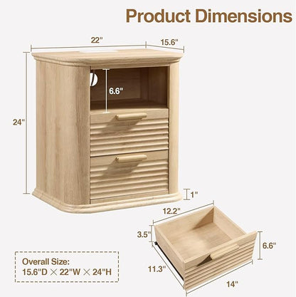 22" Fluted Night Stand with Charging Station,Modern End Table with 2 Drawers & Open Storage,Stylish Bedside Table for Living Room,Bedroom,Side Tables Curved Profile Design