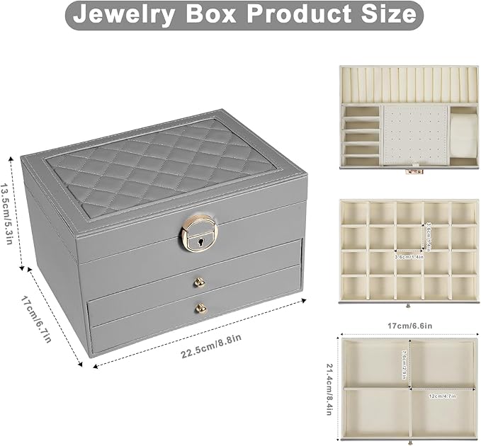 GUOER Jewelry Box for Women Girl Wife 3 Layers Large PU Leather Jewelry Organizer Storage Case with Two drawers Display for Earrings Bracelets Rings Watches (Grey)