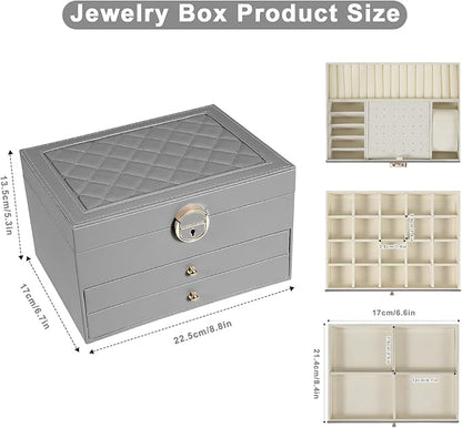 GUOER Jewelry Box for Women Girl Wife 3 Layers Large PU Leather Jewelry Organizer Storage Case with Two drawers Display for Earrings Bracelets Rings Watches (Grey)